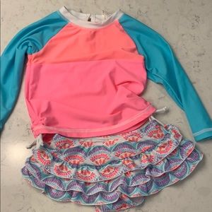 Snapperrock rash guard and ruffle bottoms